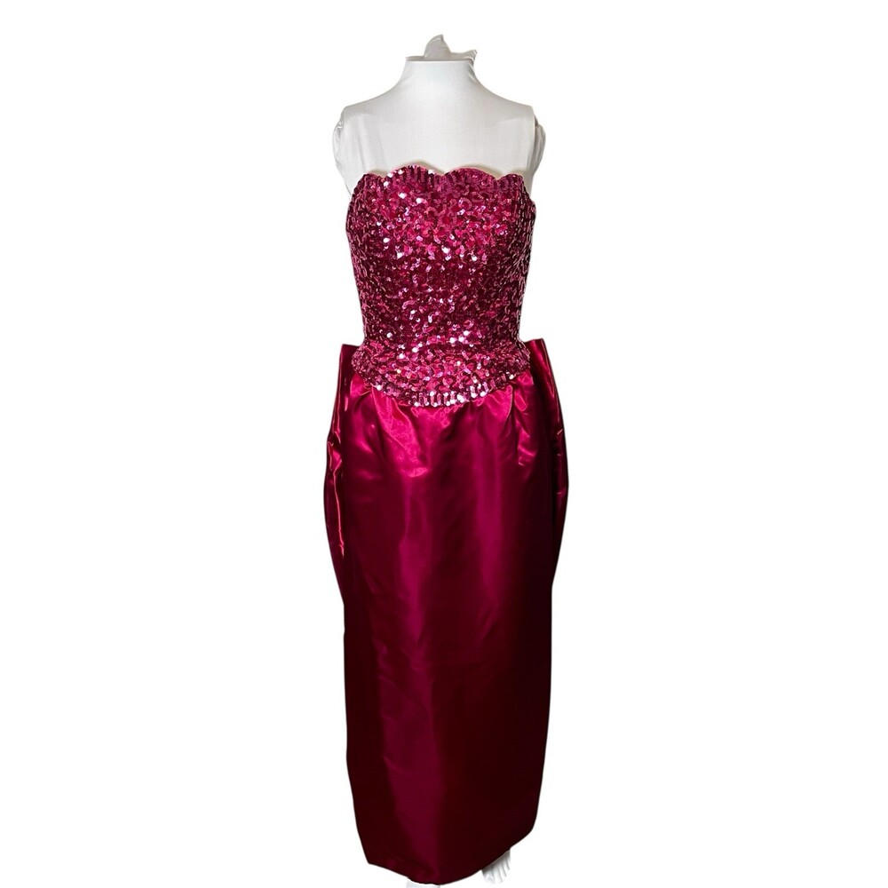 Vintage Mike Benet Satin 60s 70s Hot Pink Prom Formal Dress Sequin Scalloped